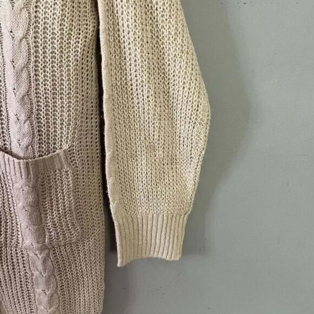 Aster‎ Womens Button Cardigan Chunky Cable Knit Coastal Size L Beige Pockets